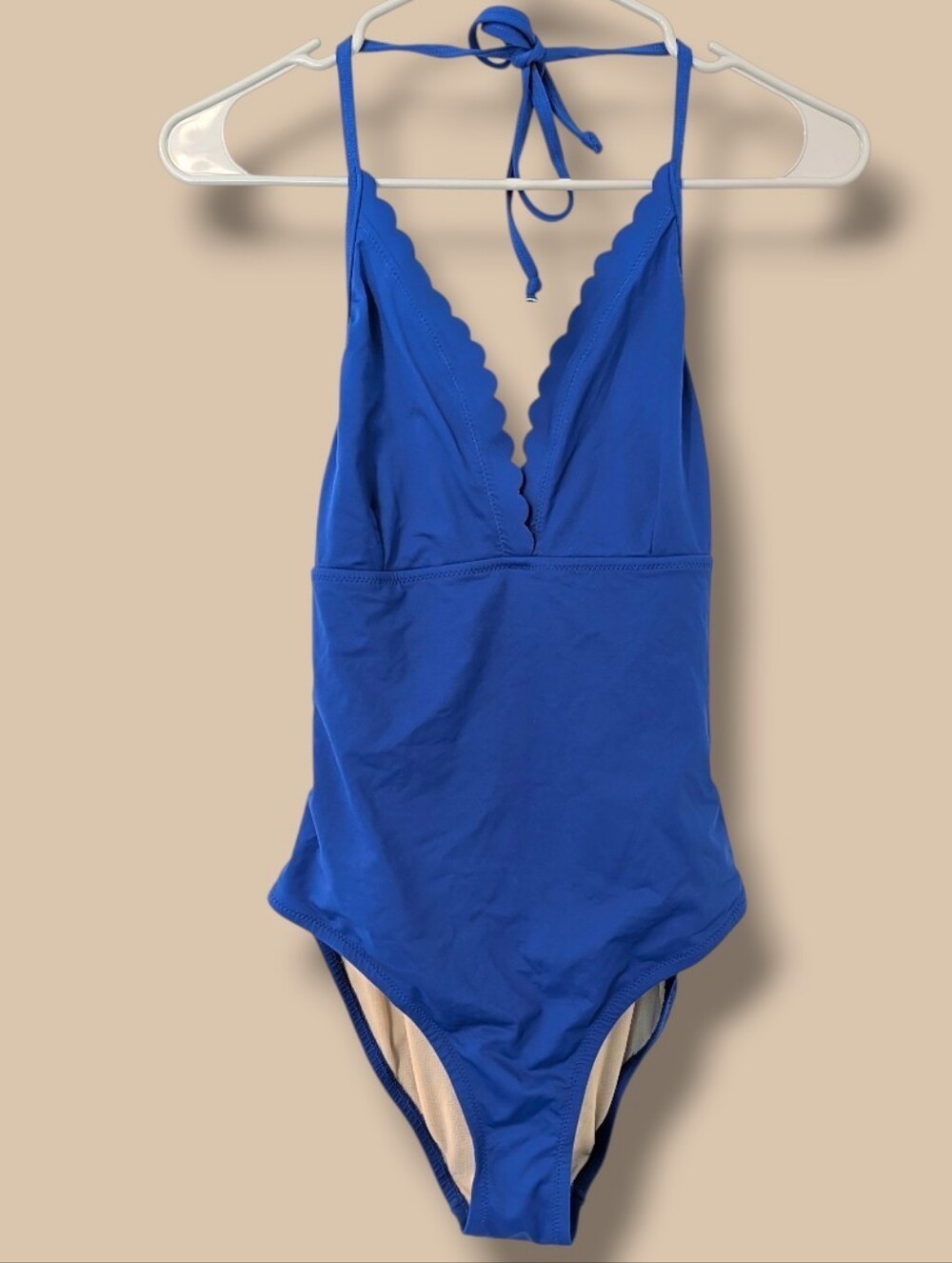 J. Crew Royal Blue Scallop Trim Tie Halter Open Back One Piece Swimsuit 4